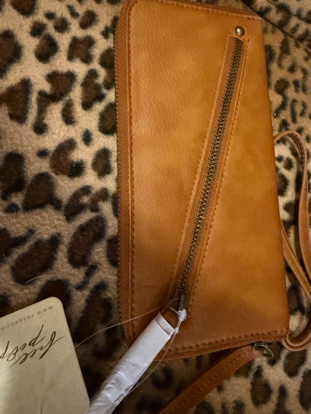 Free People Classic Tan Vegan Leather Wristlet Clutch with Front Zip